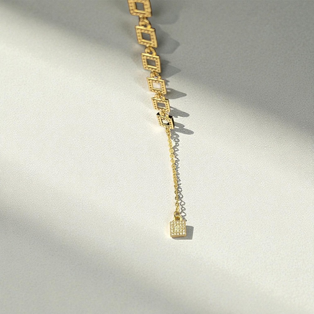 Gold Tone Y Necklace Square Link Pave‎ Charm Drop Lariat NIB Aiden Eden - Picture 4 of 5